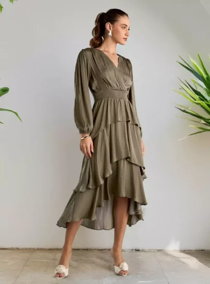 Tiered Frill Dress with V-neck
