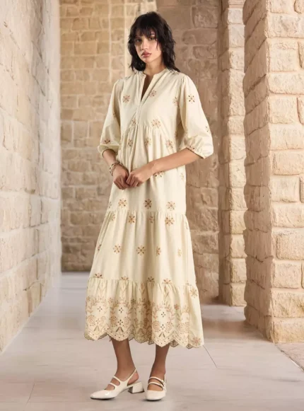 Embroidered Tiered Midi Dress